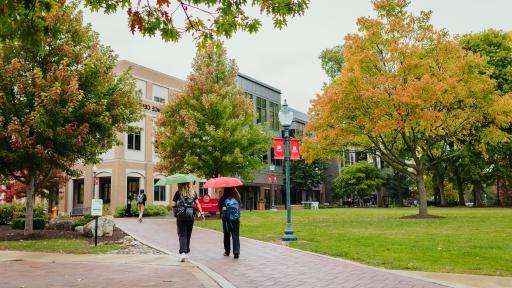 students walking across campus